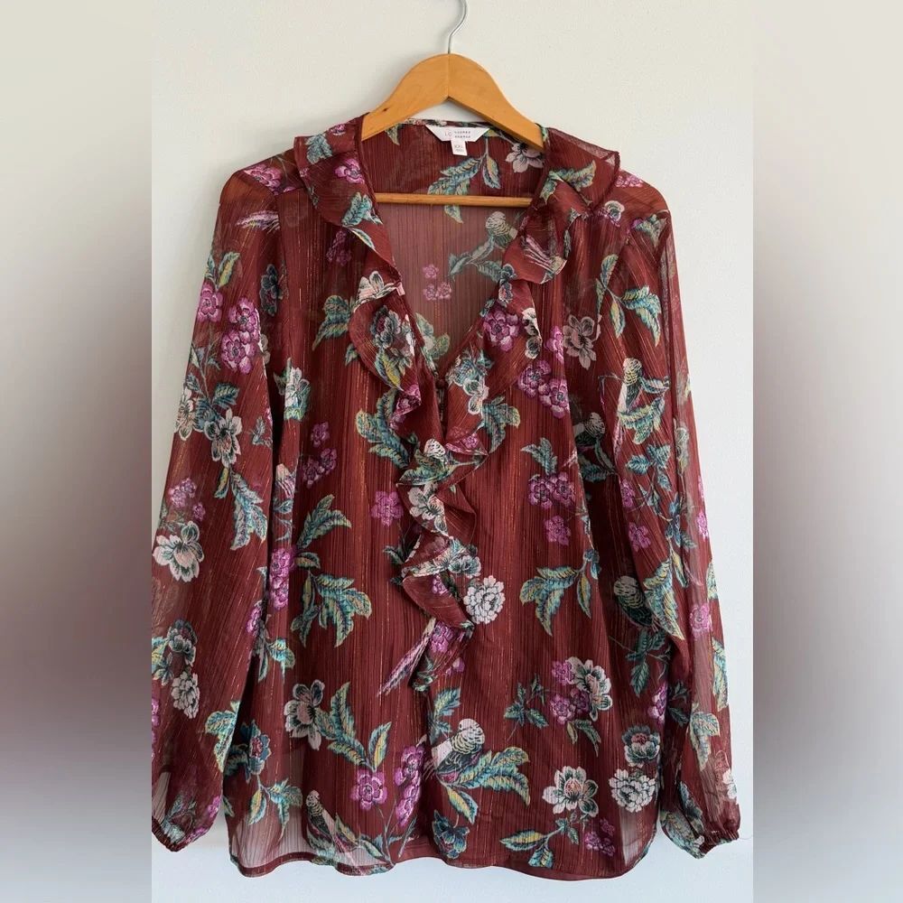 LCLauren Conrad XXL Floral Ruffle Blouse Boho Romantic Sheer Burgundy Festival